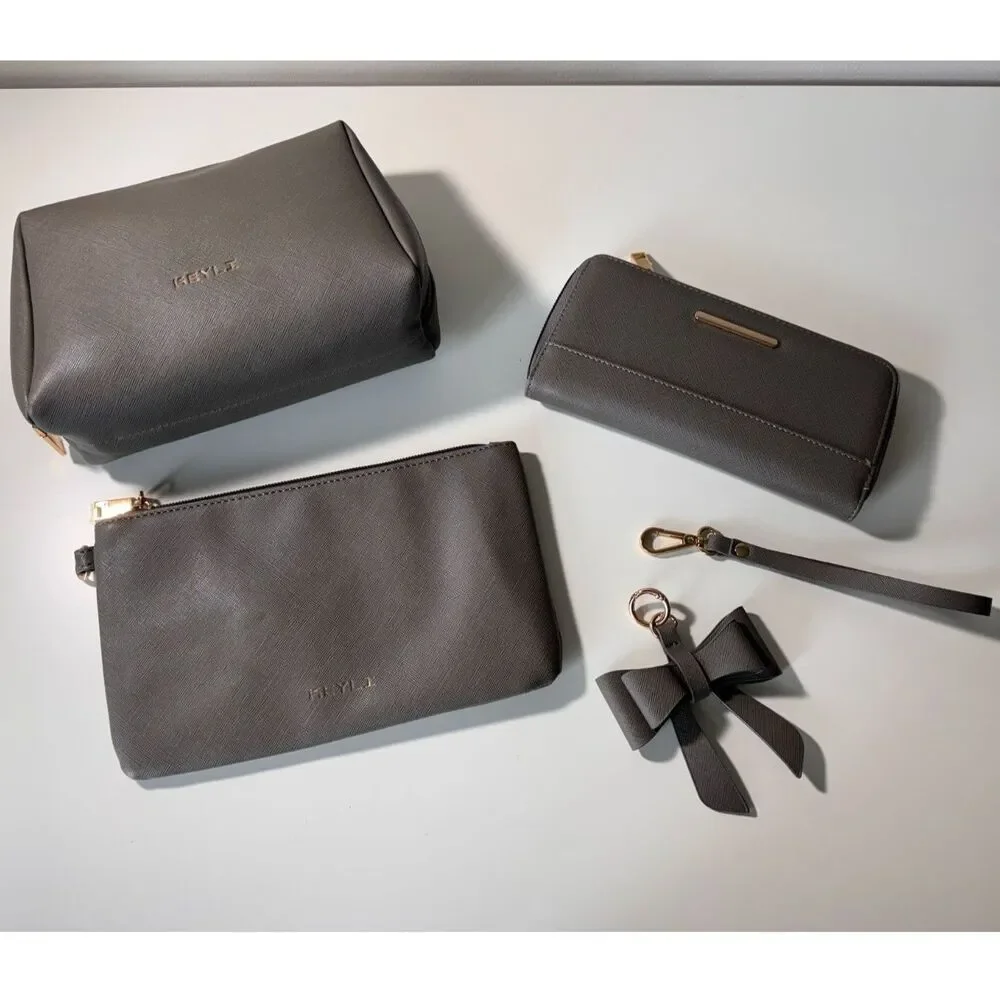 Gray Saffiano Faux Leather 4pc Wristlet Clutch Wallet Cosmetic Bag Set Gold Tone